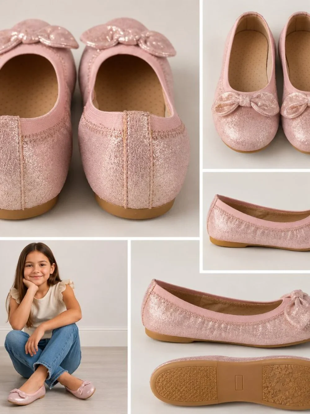 Nordstrom Rack Girls Ballet Flats Pink Shimmer Bow Slip On Shoes Size 5 Youth